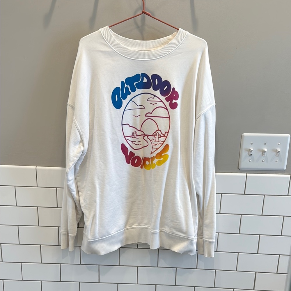 Outdoor Voices White Sweatshirt with Blue and Purple Graphic